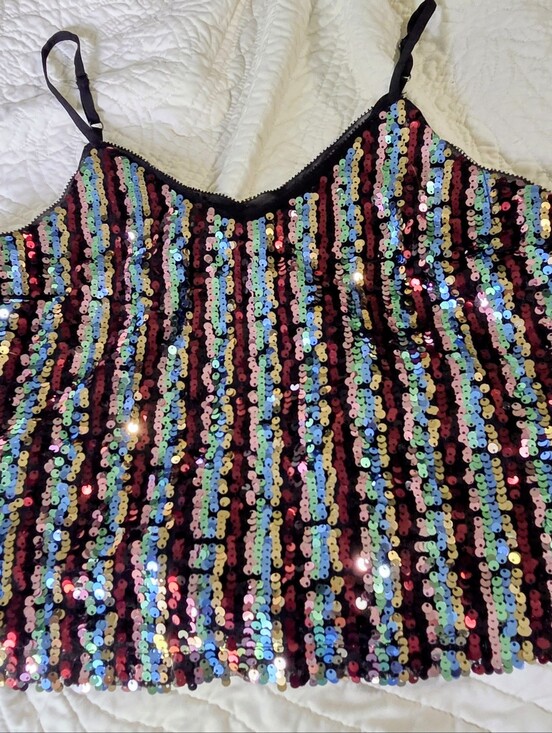 Skies Are Blue Tops - Y2K Skies Are Blue Black Multicolor Sequin V-Neck Cami Tank Fun Festive